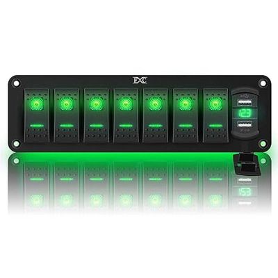 FXC KG153-7-GREEN-12V 24V DC 7 Gang Rocker Switch Aluminum Panel