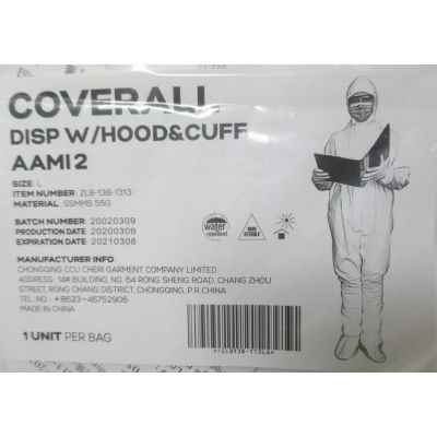 Disposable Protective Coverall w/Hood & Cuff Large White AAMI Level 2 Hazmat - 5 Pack