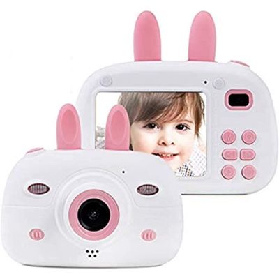 Kids Video Camera Digital Rabbit Camera 1080P HD Shockproof 2.4 Inch IPS Screen (Pink)