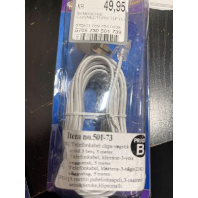 Sandberg 5m Telephone Cable Clip 3 Pins DK - White