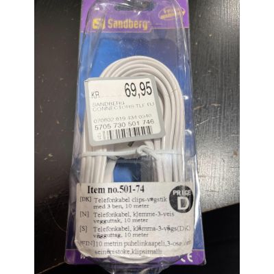 Sandberg 10m Telephone Cable Clip 3 Pins DK - White