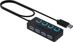 Sabrent HB-UM43 4-Port USB 3.0 Data Hub with Individual LED Power Switches-2 Ft Cable- Slim & Portable- for Mac & PC