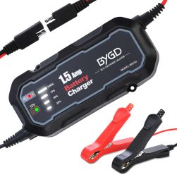BYGD 12V 1500mA Fully Automatic Smart Motorcycle Battery Charger and Maintainer for Car, RV, ATV, Boat, AGM GEL Lead-Acid Repair
